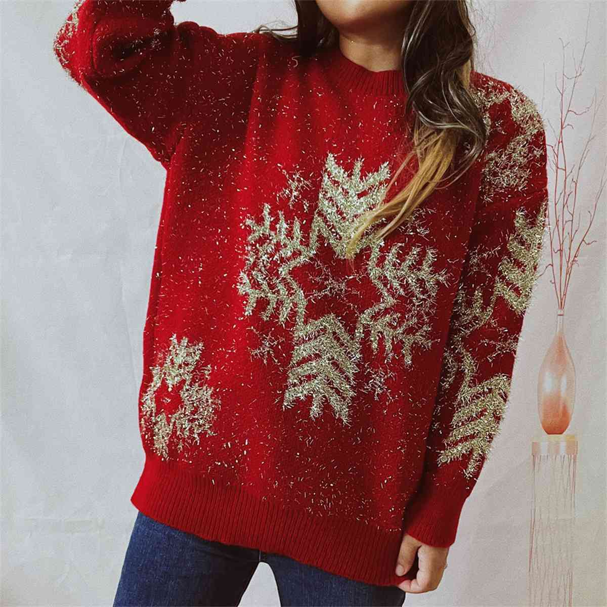 Snowflake Pattern Long Sleeve Sweater BLUE ZONE PLANET