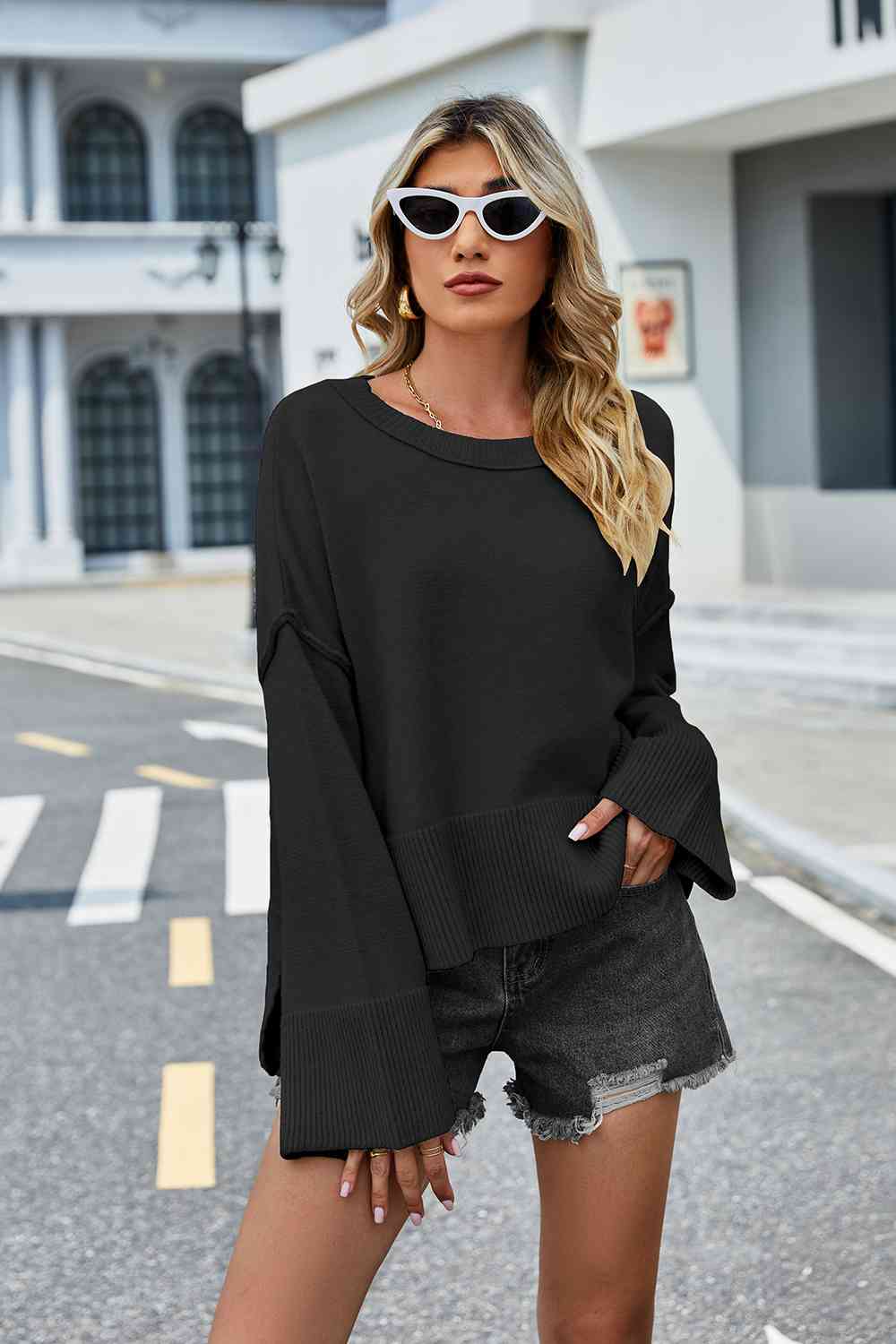 Round Neck Dropped Shoulder Slit Sweater BLUE ZONE PLANET