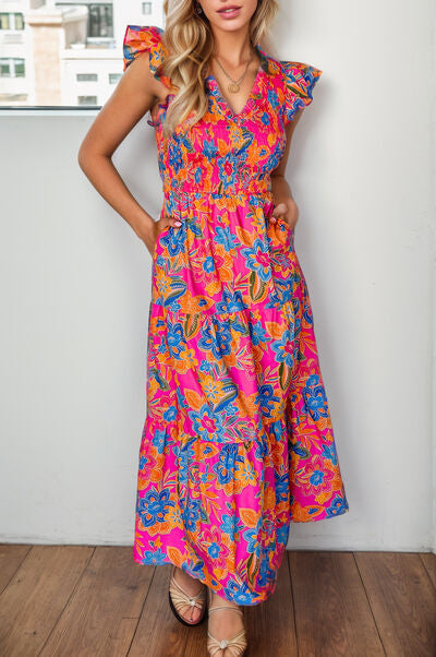 Printed V-Neck Cap Sleeve Pocketed Midi Dress BLUE ZONE PLANET