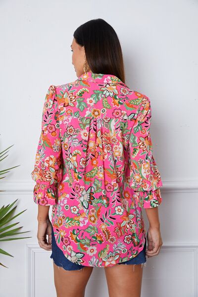 Floral Button Up Flounce Sleeve Shirt Trendsi