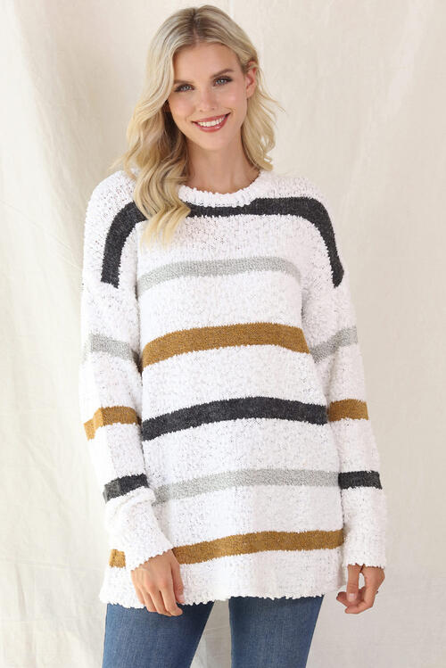 Striped Round Neck Long Sleeve Sweater BLUE ZONE PLANET