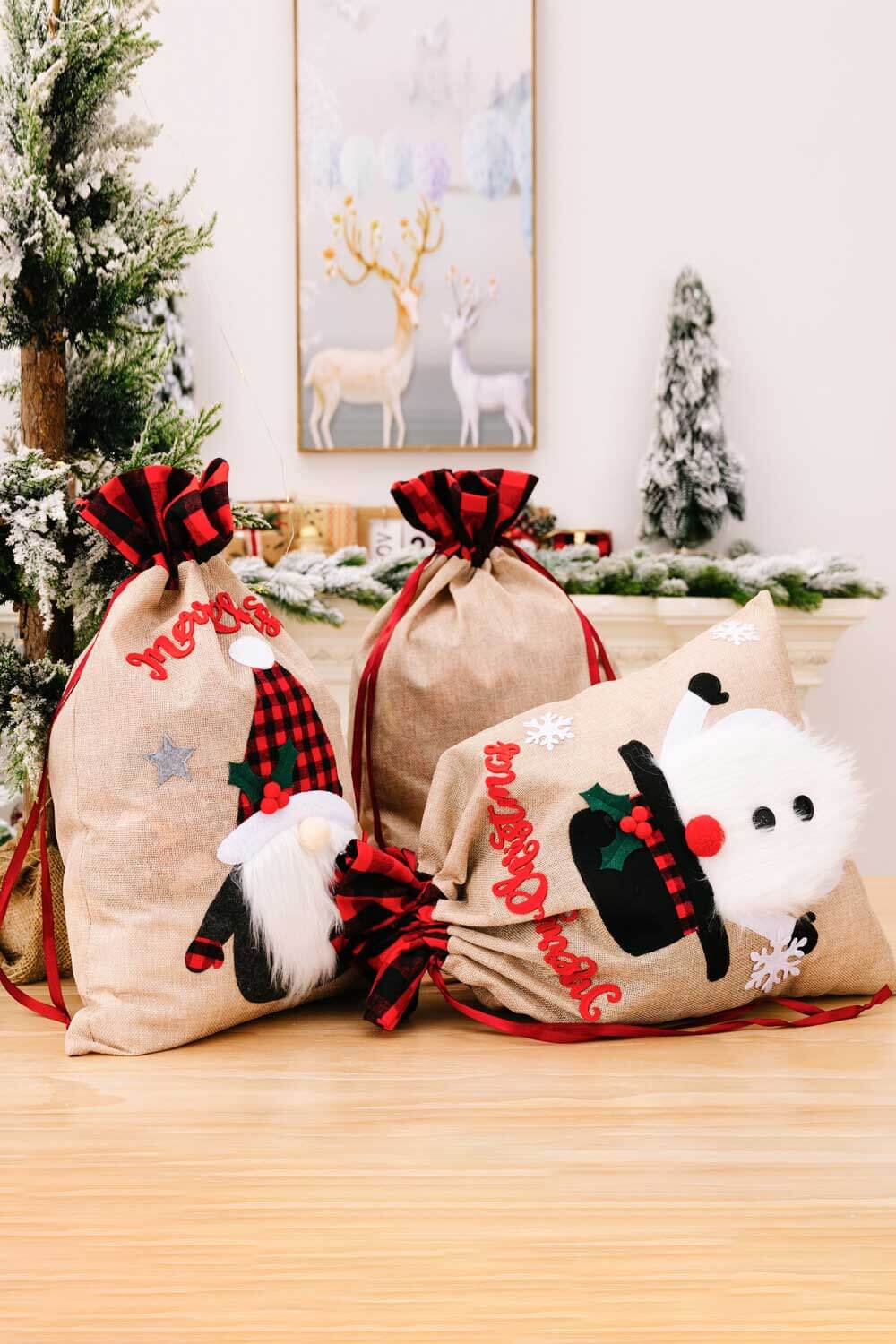 3-Pack Christmas Graphic Drawstring Gift Bags-TOPS / DRESSES-[Adult]-[Female]-Santa/Elk/Bear-One Size/3 Pack-2022 Online Blue Zone Planet