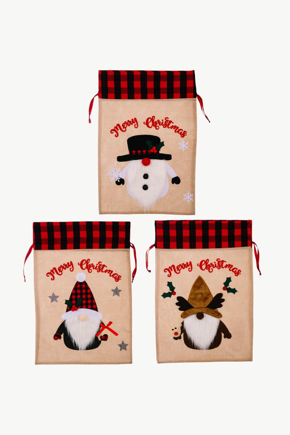 3-Pack Christmas Graphic Drawstring Gift Bags-TOPS / DRESSES-[Adult]-[Female]-Santa/Elk/Bear-One Size/3 Pack-2022 Online Blue Zone Planet