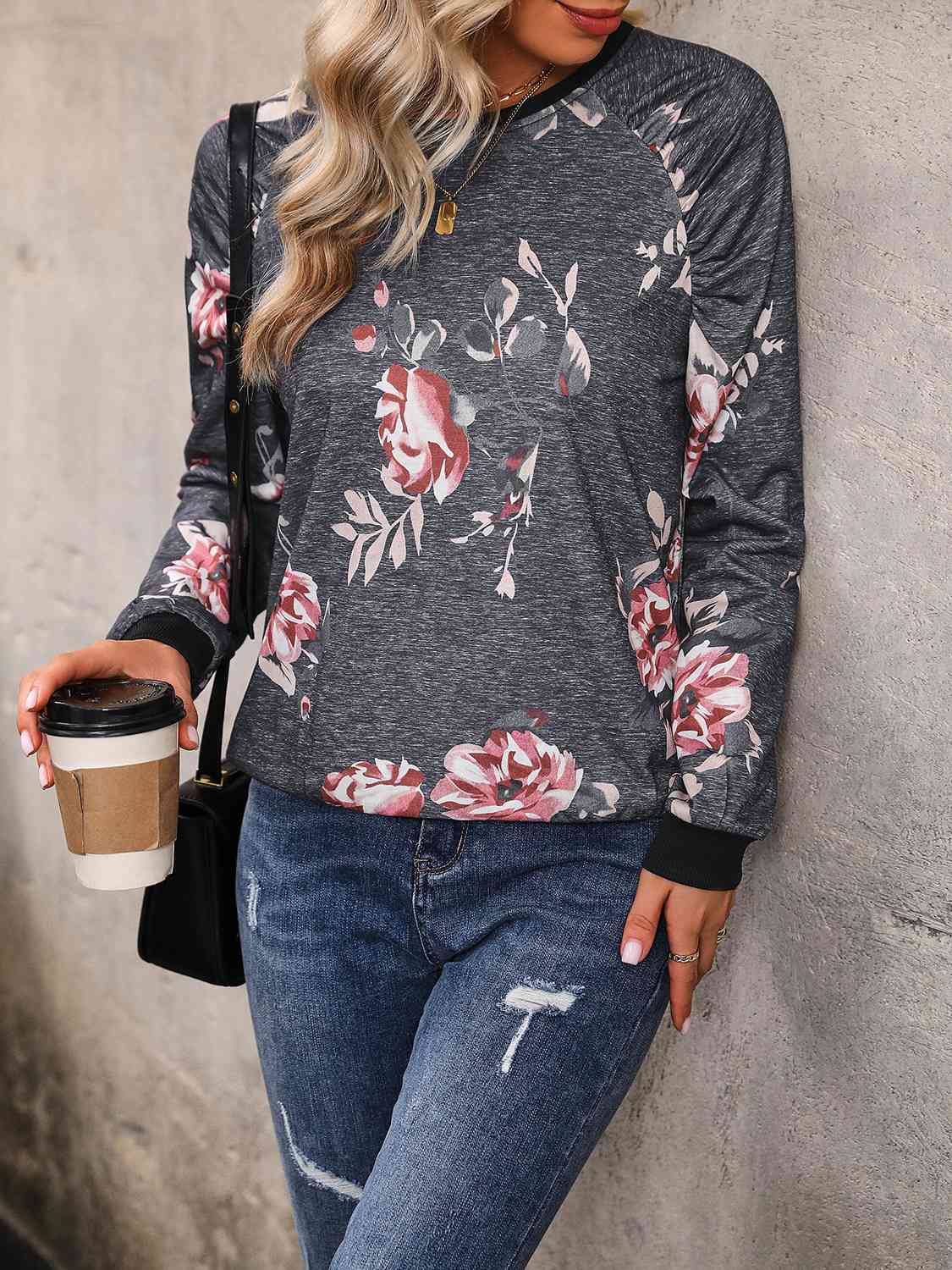 Floral Round Neck Raglan Sleeve Sweatshirt BLUE ZONE PLANET