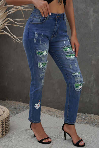 Blue Zone Planet |  Distressed Buttoned Jeans with Pockets BLUE ZONE PLANET