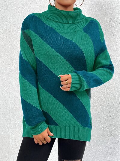 Blue Zone Planet |  Striped Turtleneck Dropped Shoulder Sweater BLUE ZONE PLANET