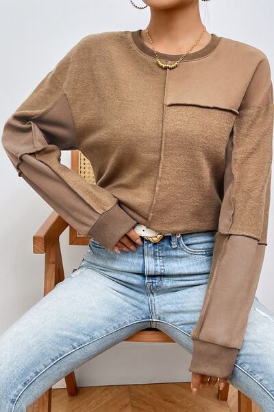 Exposed Seam Round Neck Long Sleeve Sweatshirt BLUE ZONE PLANET