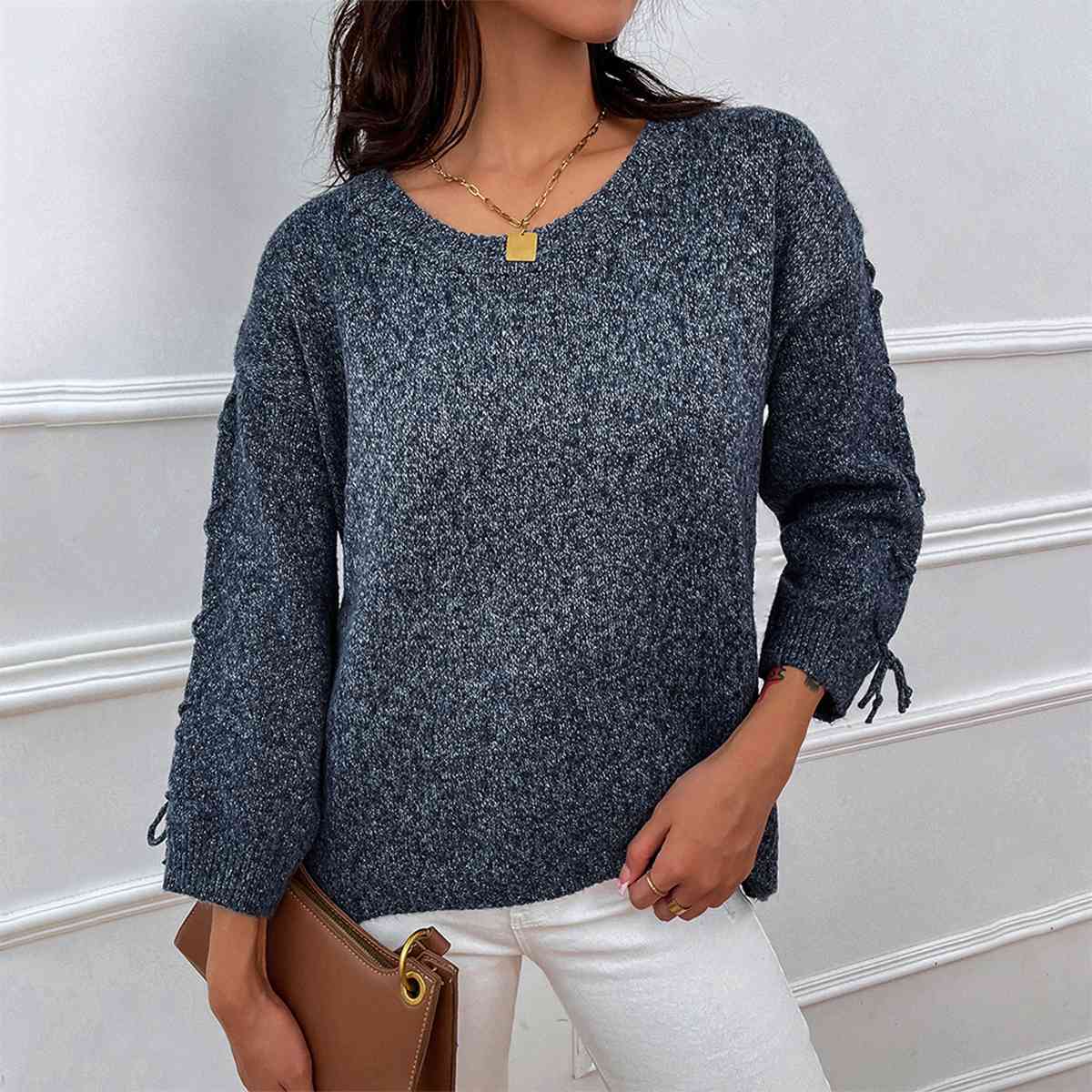 Lace-Up Long Sleeve Round Neck Sweater BLUE ZONE PLANET