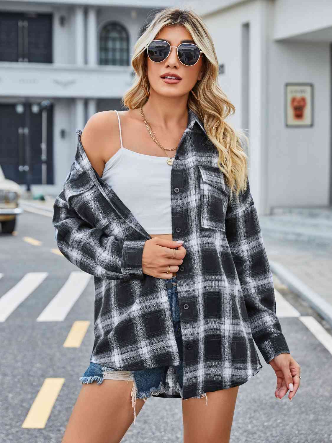 Plaid Collared Neck Button Down Jacket BLUE ZONE PLANET