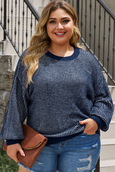 Plus Size Waffle-Knit Round Neck Dropped Shoulder Sweater-TOPS / DRESSES-[Adult]-[Female]-Navy-1XL-2022 Online Blue Zone Planet