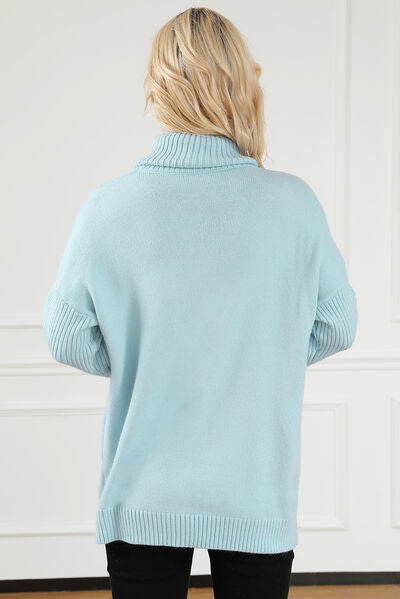 Blue Zone Planet |  Pocketed Turtleneck Dropped Shoulder Sweater BLUE ZONE PLANET