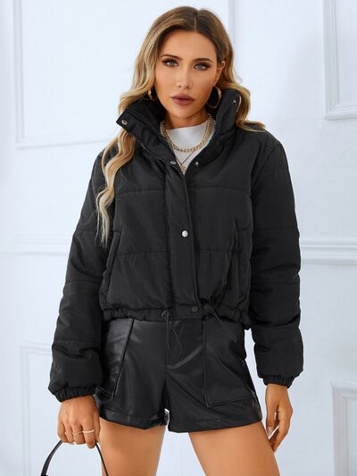 Blue Zone Planet |  Snap and Zip Closure Drawstring Cropped Winter Coat BLUE ZONE PLANET