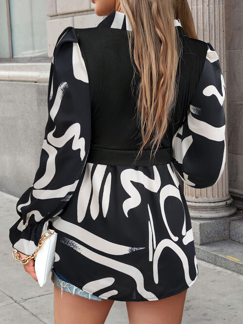 Collared Neck Black And White Color-Contrast Print Long Sleeve Shirt BLUE ZONE PLANET