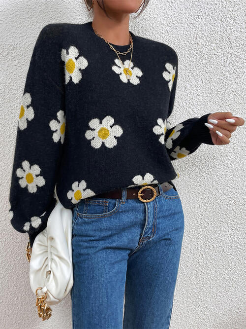 Flower Round Neck Latern Sleeve Sweater BLUE ZONE PLANET