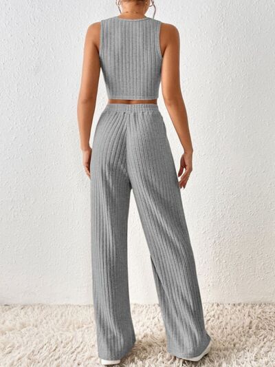 Ribbed Round Neck Tank and Pants Sweater Set Trendsi