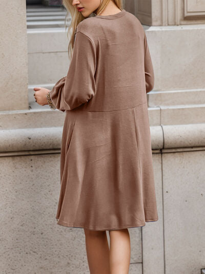 Half Button V-Neck Long Sleeve Dress with Pockets BLUE ZONE PLANET