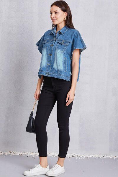 Pocketed Button Up Short Sleeve Denim Top-TOPS / DRESSES-[Adult]-[Female]-2022 Online Blue Zone Planet