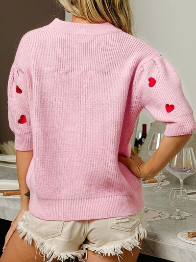 Blue Zone Planet |  Heart Embroidered Dropped Shoulder Sweater BLUE ZONE PLANET