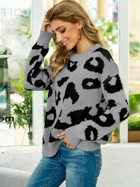 Drop Shoulder Leopard Pullover Sweater BLUE ZONE PLANET
