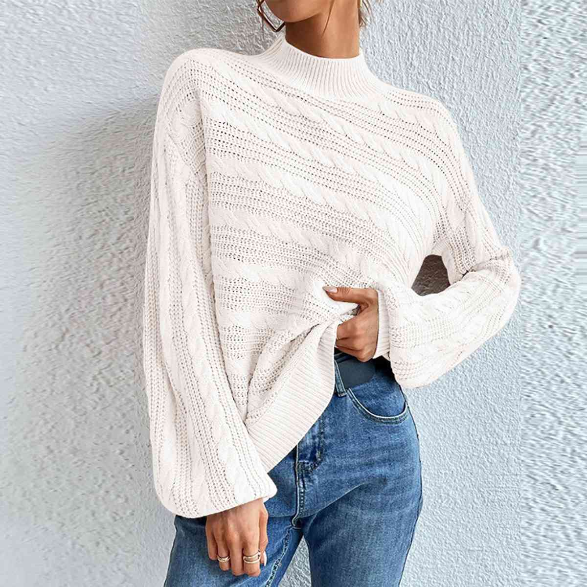 Cable-Knit Mock Neck  Long Sleeve Sweater BLUE ZONE PLANET