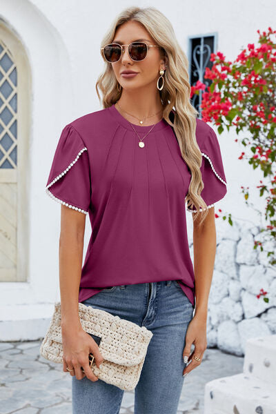 Round Neck Petal Sleeve T-Shirt-TOPS / DRESSES-[Adult]-[Female]-Wine-S-2022 Online Blue Zone Planet