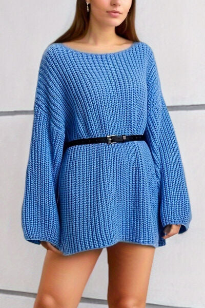 Boat Neck Dropped Shoulder Mini Sweater Dress-TOPS / DRESSES-[Adult]-[Female]-Sky Blue-One Size-2022 Online Blue Zone Planet