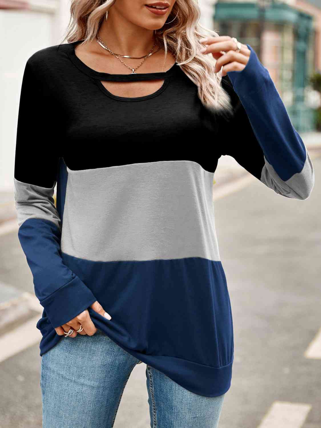 Color Block Cutout Round Neck Long Sleeve T-Shirt BLUE ZONE PLANET