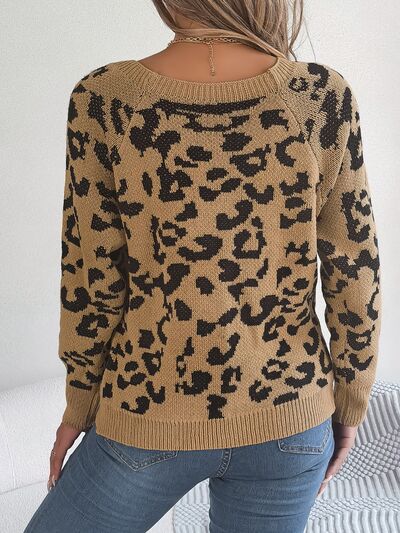 Leopard Buttoned Square Neck Sweater BLUE ZONE PLANET