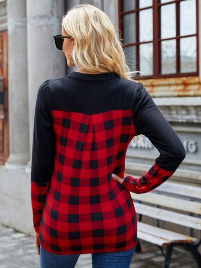 Plaid Notched Long Sleeve T-Shirt Trendsi