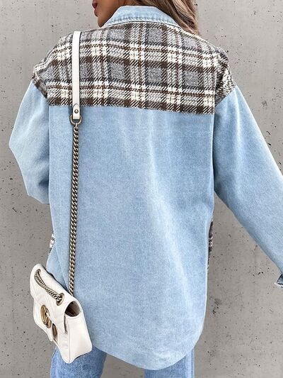 Plaid Button Up Dropped Shoulder Jacket BLUE ZONE PLANET