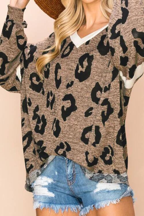 Leopard V-Neck Dropped Shoulder Blouse BLUE ZONE PLANET