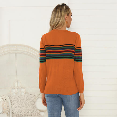 Striped Round Neck Long Sleeve Sweater BLUE ZONE PLANET