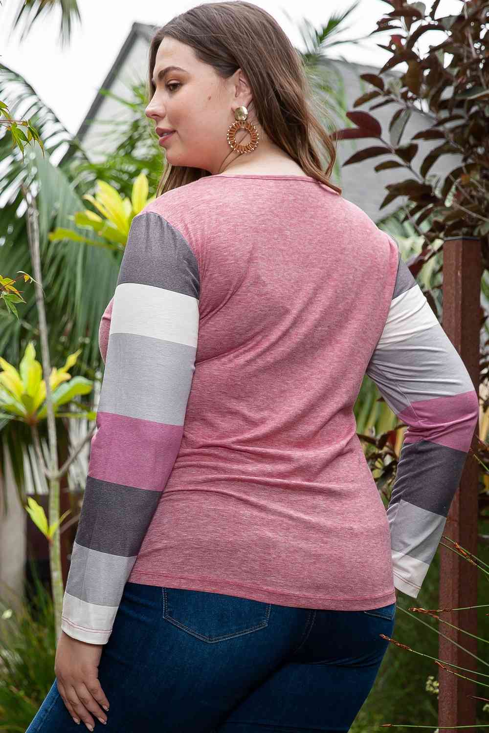 Plus Size Round Neck Color Block Long Sleeve T-Shirt BLUE ZONE PLANET