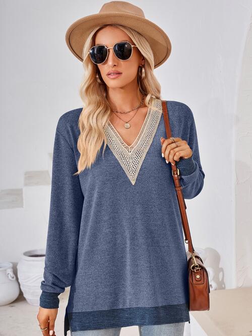 Crochet Contrast V-Neck Long Sleeve Slit T-Shirt BLUE ZONE PLANET