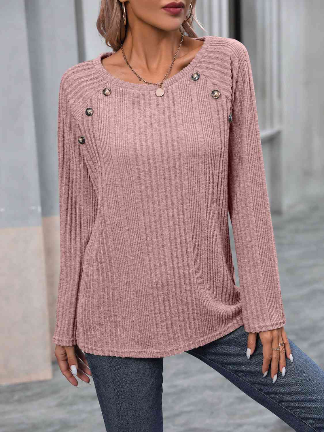 Ribbed Buttoned Round Neck Long Sleeve T-Shirt BLUE ZONE PLANET