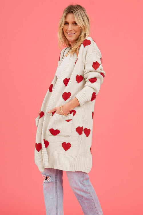 Heart Graphic Open Front Cardigan with Pockets BLUE ZONE PLANET