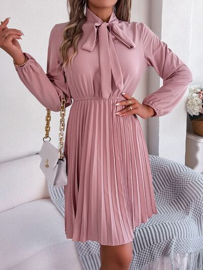 Tie Neck Balloon Sleeve Pleated Dress-TOPS / DRESSES-[Adult]-[Female]-Dusty Pink-S-2022 Online Blue Zone Planet