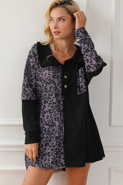 Half Button Leopard Collared Neck Blouse BLUE ZONE PLANET