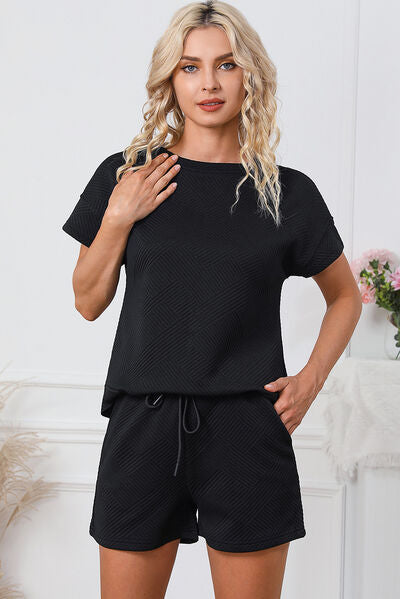 Textured Round Neck T-Shirt and Shorts Set Trendsi