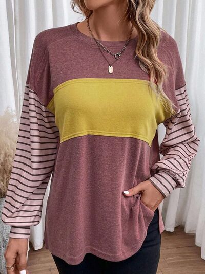 Round Neck Striped Long Sleeve Slit T-Shirt BLUE ZONE PLANET