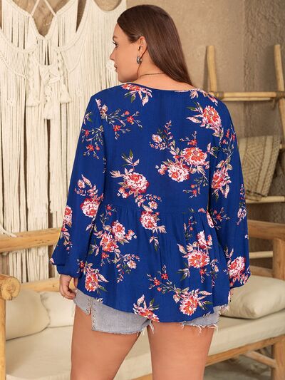 Blue Zone Planet |  Plus Size Printed Tie Neck Balloon Sleeve Blouse BLUE ZONE PLANET