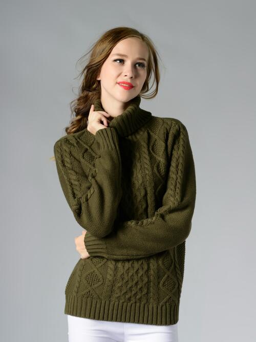 Cable-Knit Turtleneck Long Sleeve Sweater BLUE ZONE PLANET