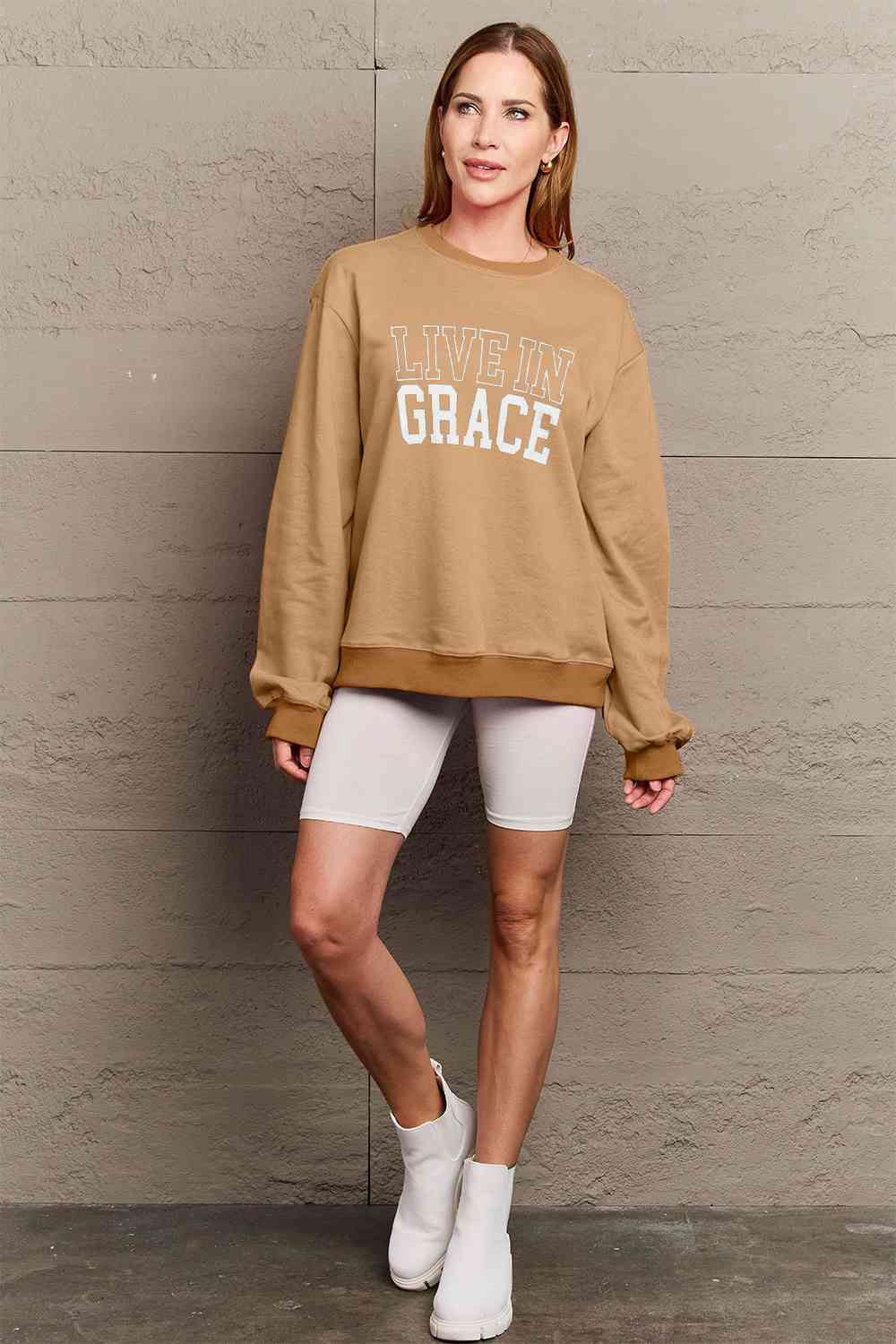 Simply Love Full Size LIVE IN GRACE Graphic Sweatshirt BLUE ZONE PLANET