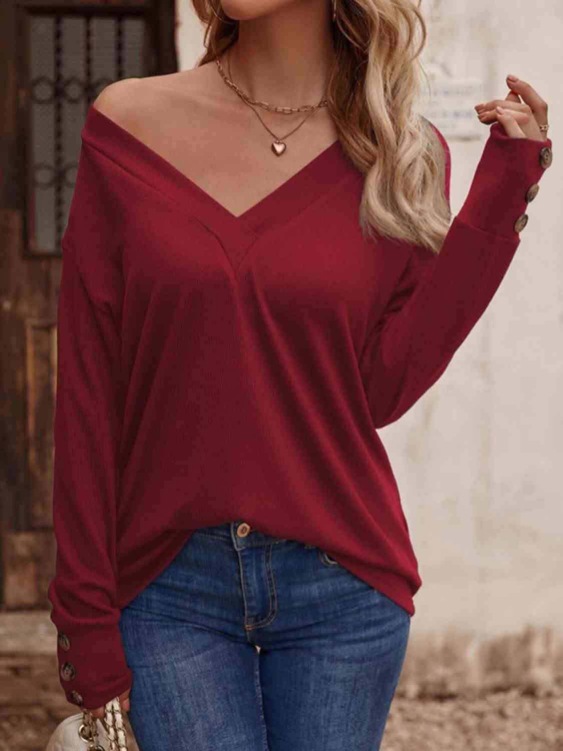 V-Neck Long Sleeve Top BLUE ZONE PLANET