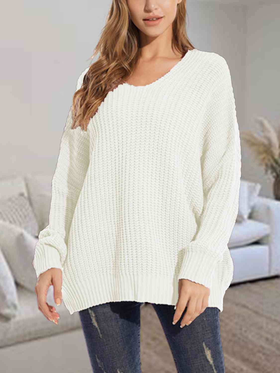 V-Neck Batwing Dropped Shoulder Sweater BLUE ZONE PLANET