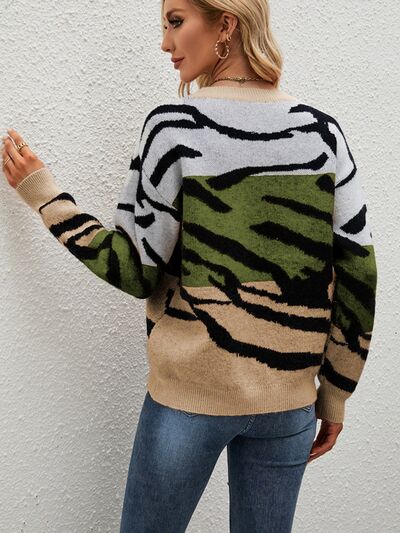 Blue Zone Planet |  Color Block Animal Print Dropped Shoulder Sweater BLUE ZONE PLANET