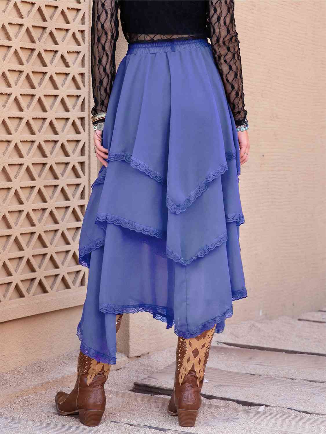 Tiered Lace Detail Midi Skirt-BOTTOMS SIZES SMALL MEDIUM LARGE-[Adult]-[Female]-2022 Online Blue Zone Planet