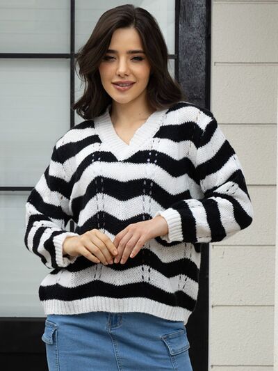 Openwork Striped V-Neck Sweater BLUE ZONE PLANET