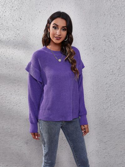 Ruffled Round Neck Dropped Shoulder Sweater BLUE ZONE PLANET