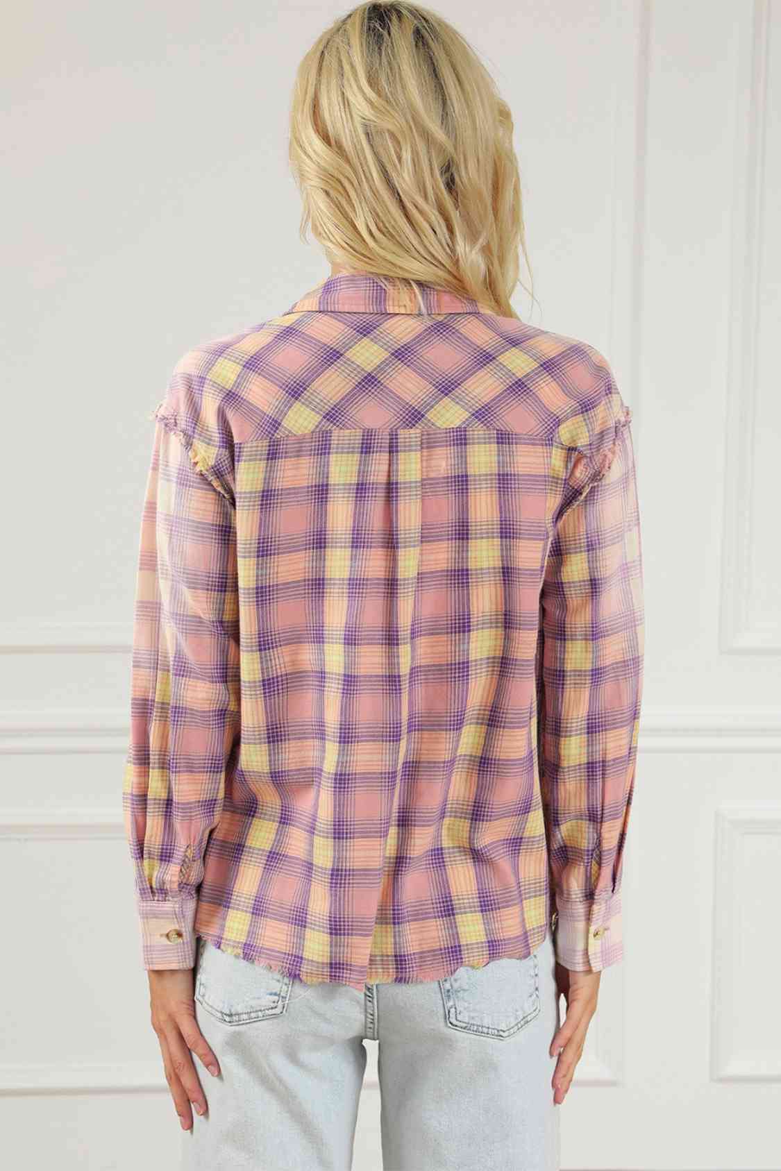 Plaid Button Up Collared Neck Long Sleeve Shirt BLUE ZONE PLANET